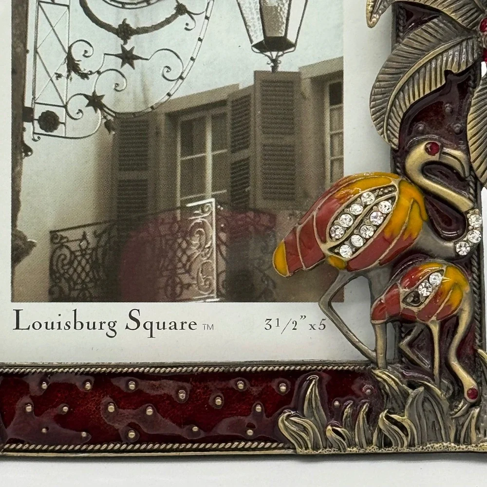 Louisburg Square Jeweled Picture Frame Burgundy Enamel Flamingo Palm Tree 6x8